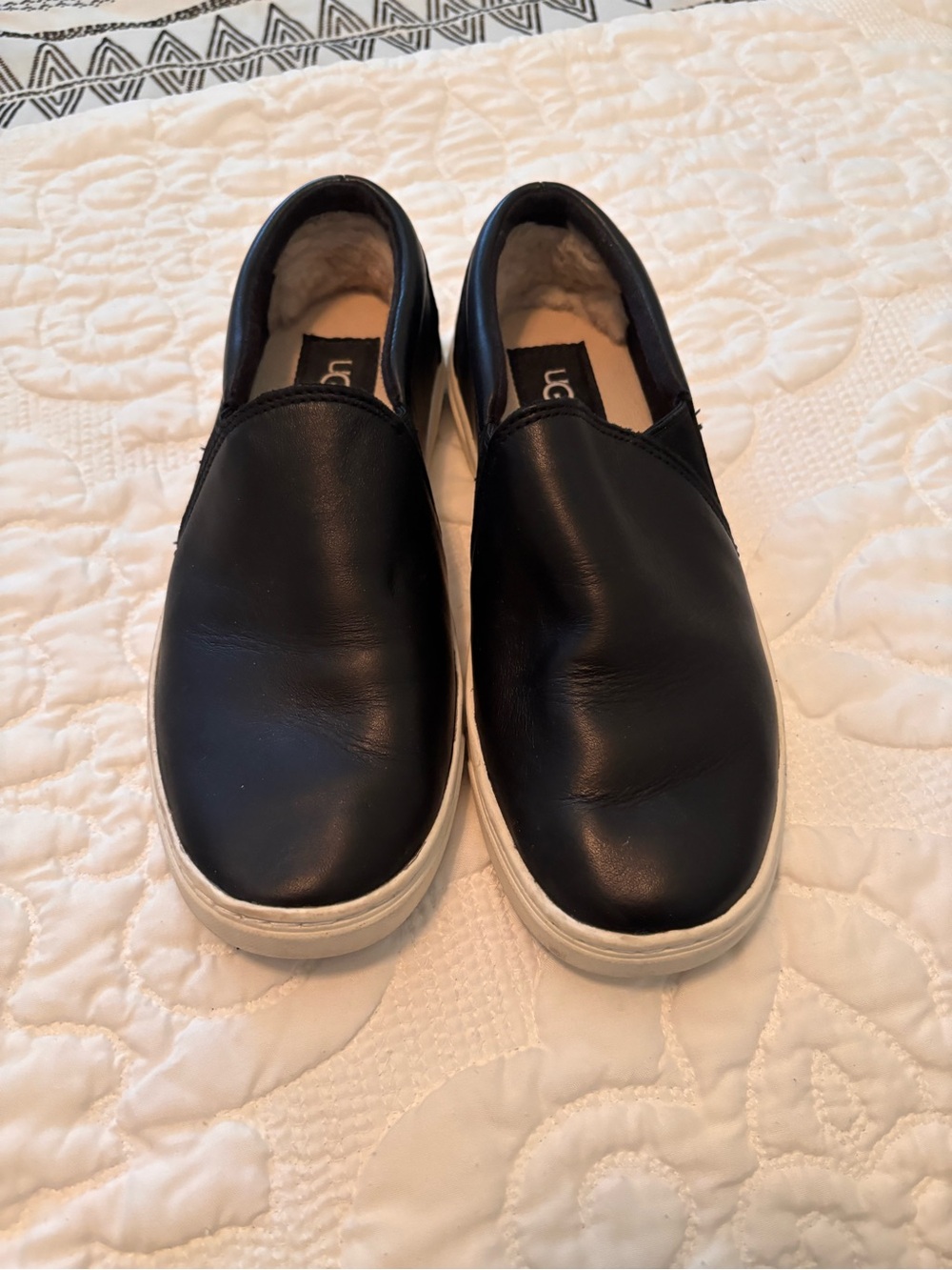 UGG Black Leather Slip-On Loafers with White Sole